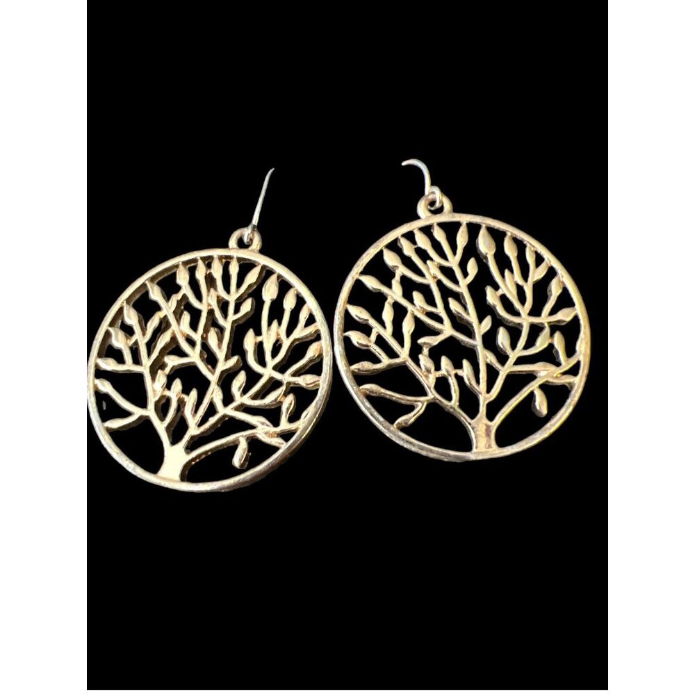 Gold TREE OF LIFE Round Dangle Drop Earrings